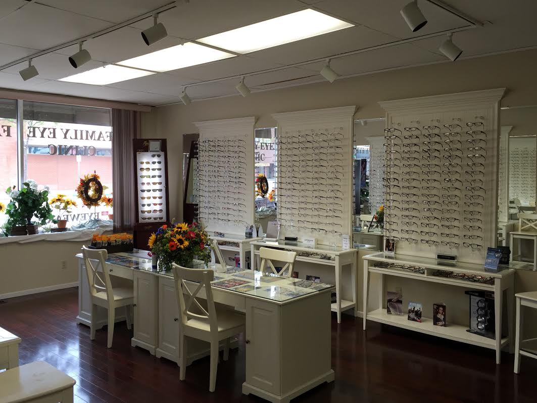 Modern interior of Family Eye Clinic showing our broad array of lenses and frames